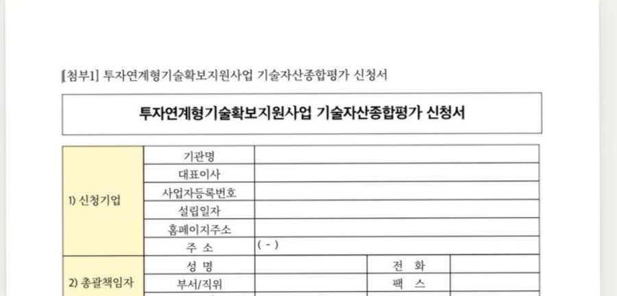 오픈독스에 열린 기술자산종합평가 신청서. 노란 머리글 칸과 괘선이 원본 그대로 그려져 있습니다.